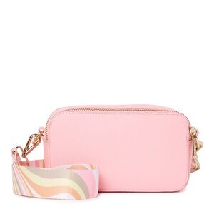 Pink Crossbody Camera Bag with Patterned Strap and interchangeable pink strap.
